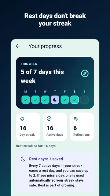 Progress: a 16-day streak and one saved rest day.